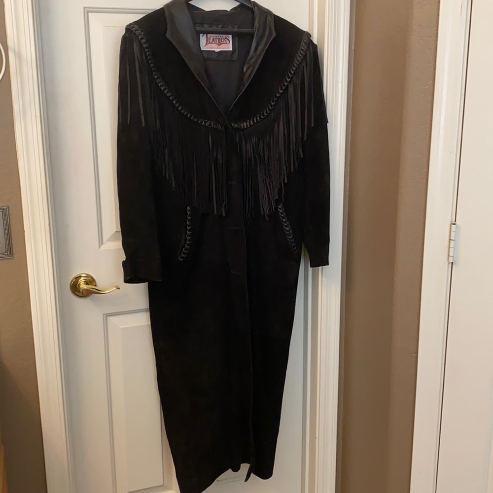 Full length black suede real leather coat